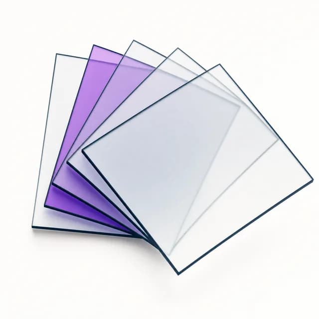 Abstract fanned deck of translucent sheets with one violet sheet — client workstreams at volume